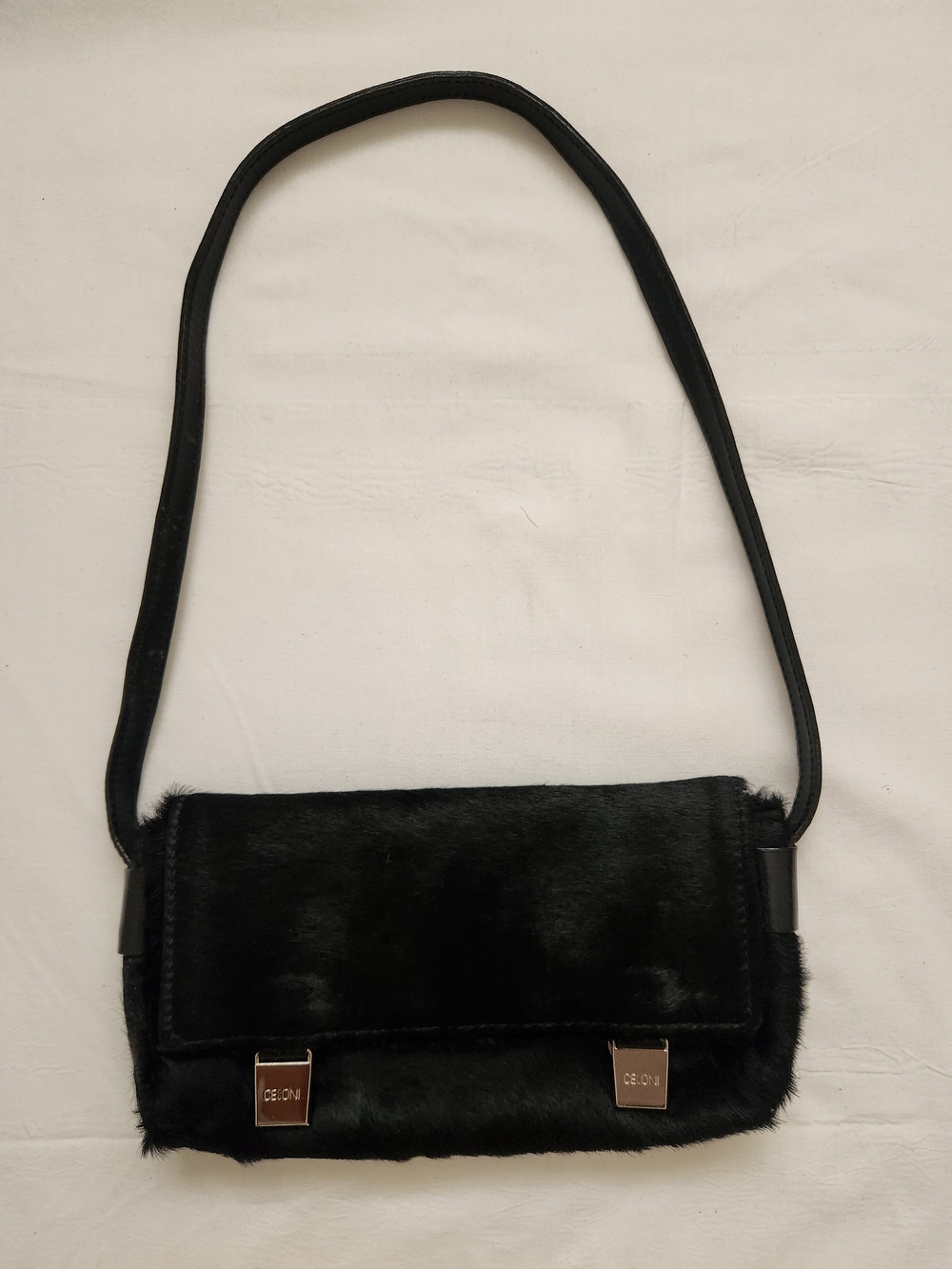 Black Calf Hair Baguette Shoulder Bag with Subtle Metal Accents